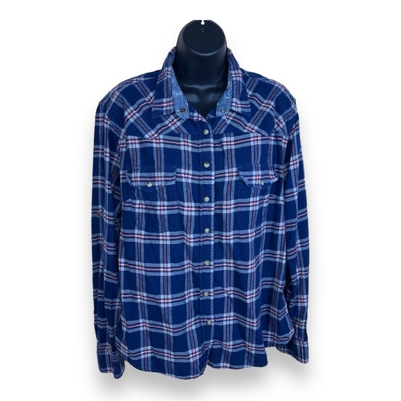 LARGE JACHS GIRLFRIEND BLUE FLANNEL LONG SLEEVE SNAP BUTTON TOP COTTON PLAID - Picture 1 of 11